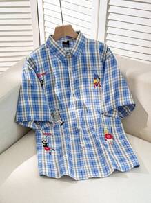 Franclia Loose Fit Casual Vintage Character Embroidered Short Sleeve Shirt - Baby Blue - View 1