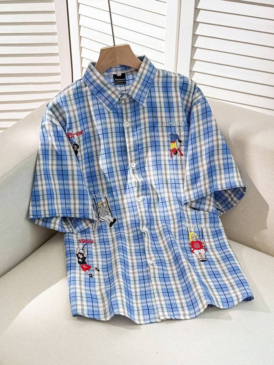 Franclia Loose Fit Casual Vintage Character Embroidered Short Sleeve Shirt - Baby Blue - View 1
