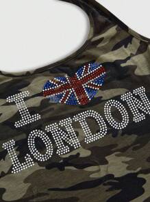 ROMWE Grunge Punk Y2K Baddie 美国国旗英文水钻迷彩印花紧身露背女式背心 - 軍綠色 - 查看 3