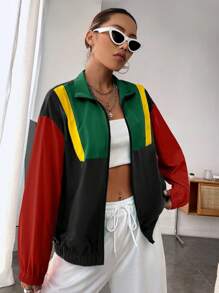 SHEIN EZwear 春季拼色落肩拉链夹克秋冬 - 彩色 - 查看 6