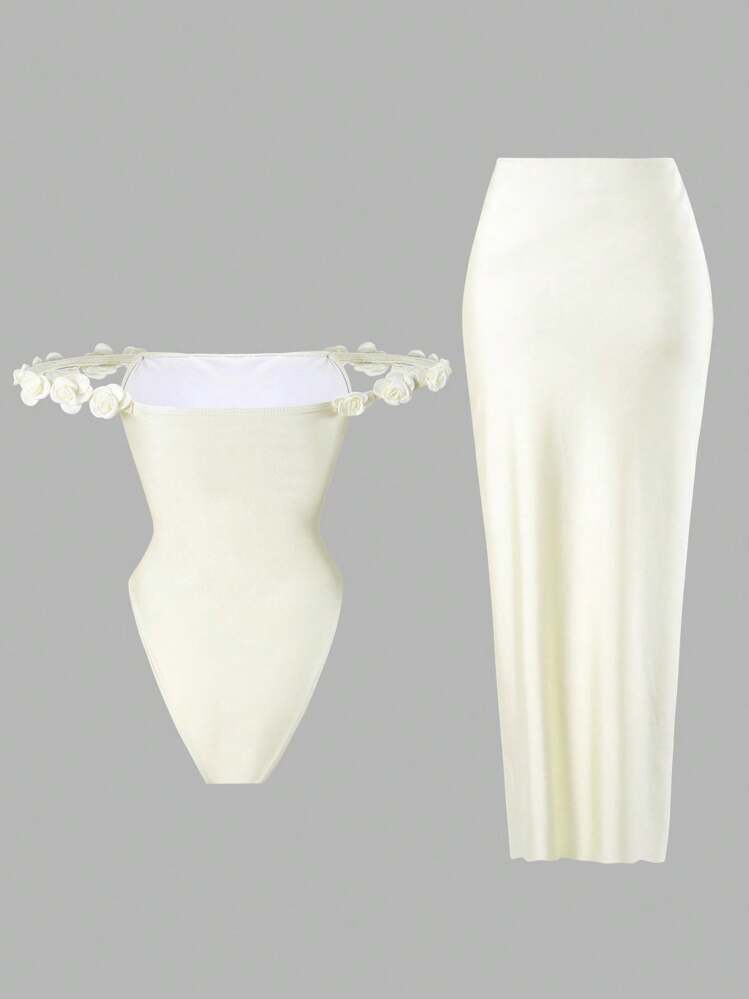 Swim Oasis Conjunto de 2 peças com maiô de uma peça elegante com decote ombro a ombro, tecido sólido com decoração floral 3D e saia longa, para praia e férias, estilo boho para o verão - Bege - Visão 3