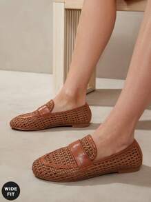 SHUZIA Wide-Fit Ladies Crochet Raffia Loafer - Brown - View 3