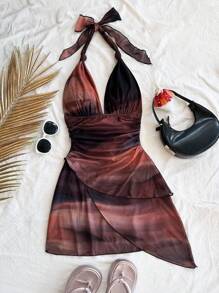 Soleia 性感复古渐变色吊带 V 领系带网眼褶皱不对称下摆浪漫女式度假迷你连衣裙