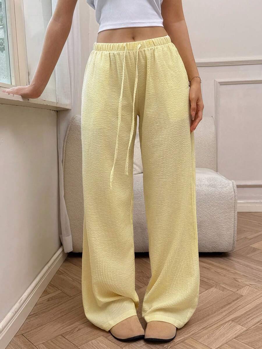 SHEIN Tall 蓝白条纹褶皱面料低腰抽绳系腰直筒口袋阔腿宽松裤，休闲度假海滩家居日常搭配百搭高个子女性，夏季 - 黃色 - 查看 1