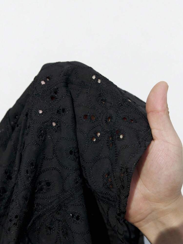 SHEIN Maija Women's V-Neck Front Button Casual Vacation Embroidered Floral Hollow Out Lantern Sleeve Fitted Blouse, Beach Summer Holiday Vacation Summer Going Out Graduation Casual Blouses For Women