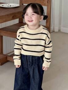 DAZY 女婴休闲条纹落肩毛衣，日常穿着 - 米色 - 查看 6