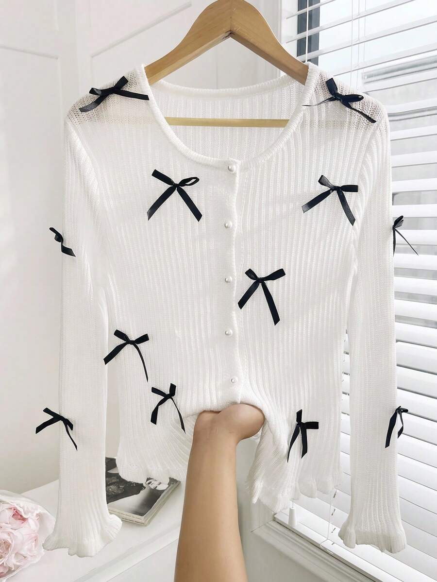 INAWLY 女士休闲蝴蝶结装饰开衫 - 白色 - 查看 1