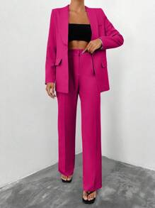 EURMUSE Women's Daily Casual Solid Button Suit Set - Hot Pink - View 5