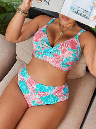 Swim Mod Plus Size Women Digital Print Spaghetti Strap Bikini Set, Beach Vacation Swimsuit For Summer