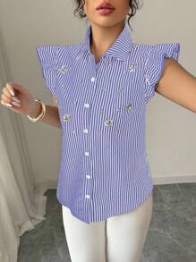 Elenzga 女式标准领蝴蝶袖条纹缀饰休闲衬衫