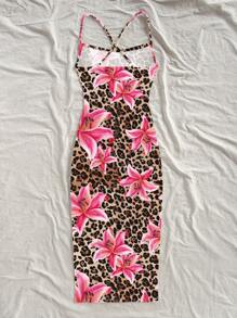 Tween Girl Casual Daily Vacation Leopard Print & Pink Lily Flower Floral Print Fitted Dress - Pink - View 3