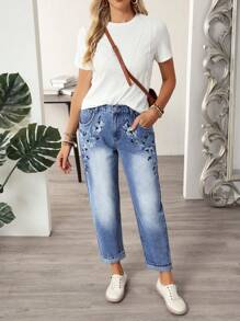 SHEIN LUNE Jeans casuales y versátiles con bolsillo bordado con flores para mujeres - Azul - Ver 7