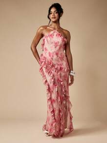 MISSGUIDED Floral Ruffle Maxi Dress Evening Gown Halter Neck Special Occasion Wedding Guest Empire Waist Devore Chiffon Backless Party Formal - Multicolor - View 5