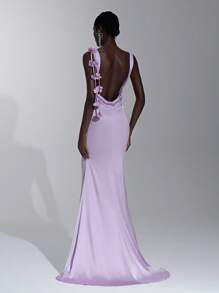 Elitara Vestido de Gala Formal Elegante com Lavanda Brilhante em Cetim Acetinado, Decote em V, Costura Manual com Flores 3D no Ombro, Franjas e Cauda de Sereia, Adequado para Encontros, Férias, Casamentos, Formaturas, Eventos Formais e Gala