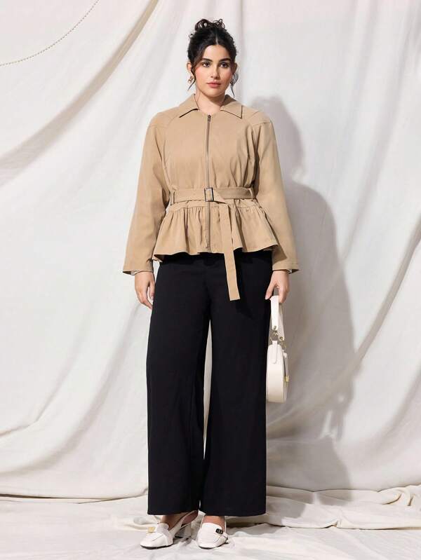 SHEIN MOD Plus Size Women's Sweet Bell-Sleeve Cropped Jacket, Commuter, Party, Casual Wear, Spring/Summer,Blusas Elegantes Para Mujer,Mocha Brown
