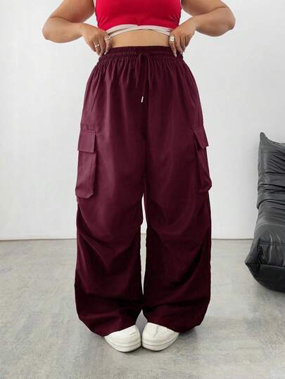 SHEIN Tall Plus Size Women's Solid Color Pleated Wide Leg Casual Cargo Pants Fall Cloth For Women