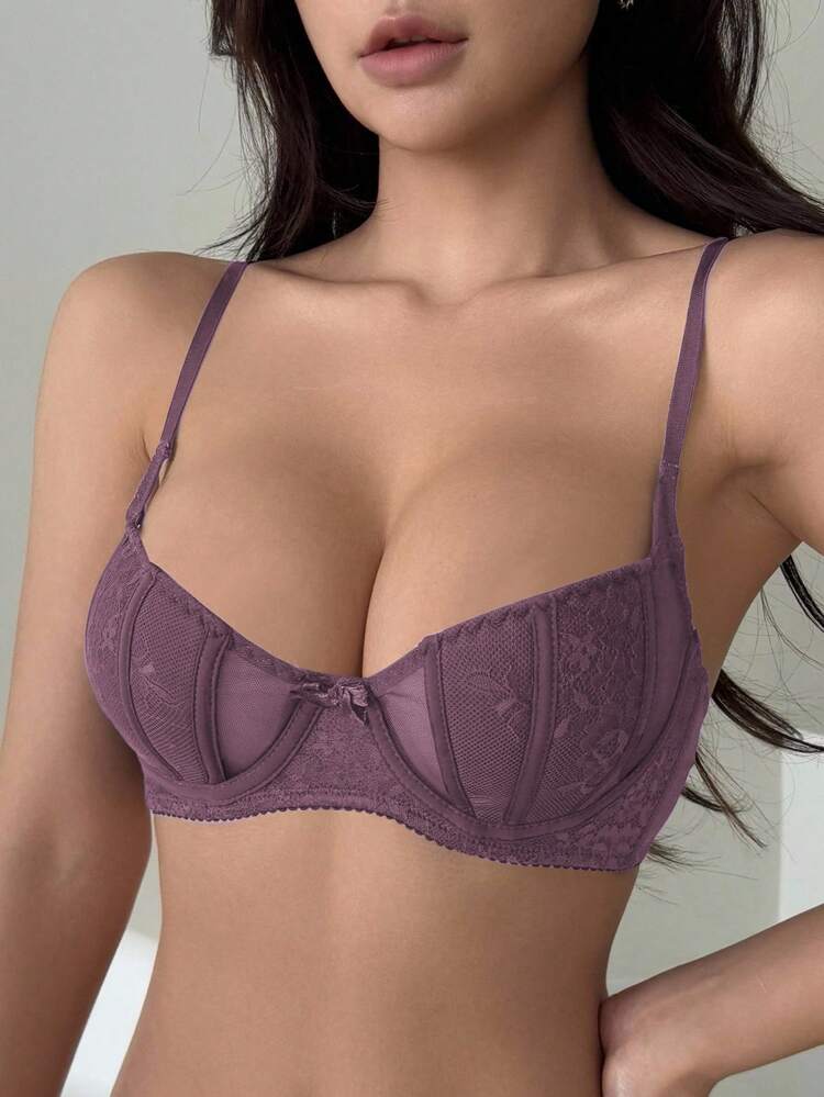 Mesh And Contrast Lace Lightweight Padded Sexy Bra Lingerie For Women
