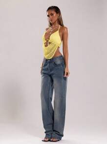 SHEIN BAE 女士夏季性感波西米亚海滩度假音乐会女士露背领带金属装饰钩针夏季上衣，女士夏季，俱乐部女士性感