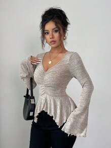 Selianne 女式 V 领不对称下摆喇叭袖荷叶边优雅浪漫度假通勤 T 恤，秋季 - 卡其色 - 查看 6