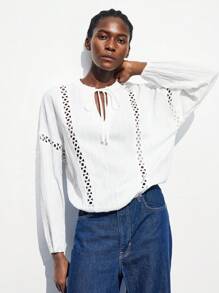 Maija 2025 Modern Elegant Notched Collar Bow-Tie Design Drop Shoulder Long Sleeve Oversized Women's Textured Shirt, Suitable For Early Autumn Back To School Season,4th Of July Women,Country Concert,Vintage,Teacher,Butter Yellow Top,Party,Cut-Out,Splicing/Panel/Patchwork Eyelet Blouse Eyelet Top Women Summer White Hollow Out Blouse - White - View 5