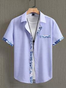 Manfinity RSRT Men's Summer Floral Print Patchwork Short Sleeve Button-Up Shirt - Purple - View 4