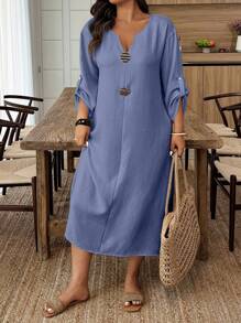 Breezaya Plus Size Casual Metal Decor Roll-Up Sleeve Dress For Holiday BASICS - Navy Blue - View 6