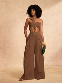 Zivah New Spring And Summer Casual And Elegant Vacation One-Shoulder Chest Knotted Strap Design Back Cropped Top + Wide-Leg Super Trousers White Woven Women's Two Pieces Set-A - Brown - View 3