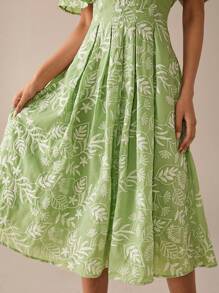 Lilora 女士优雅露肩花卉印花中长休闲连衣裙，通勤和日常穿着都市风格优雅浪漫 V 领连衣裙都市休闲，浪漫优雅，外出 - 酪梨綠 - 查看 7