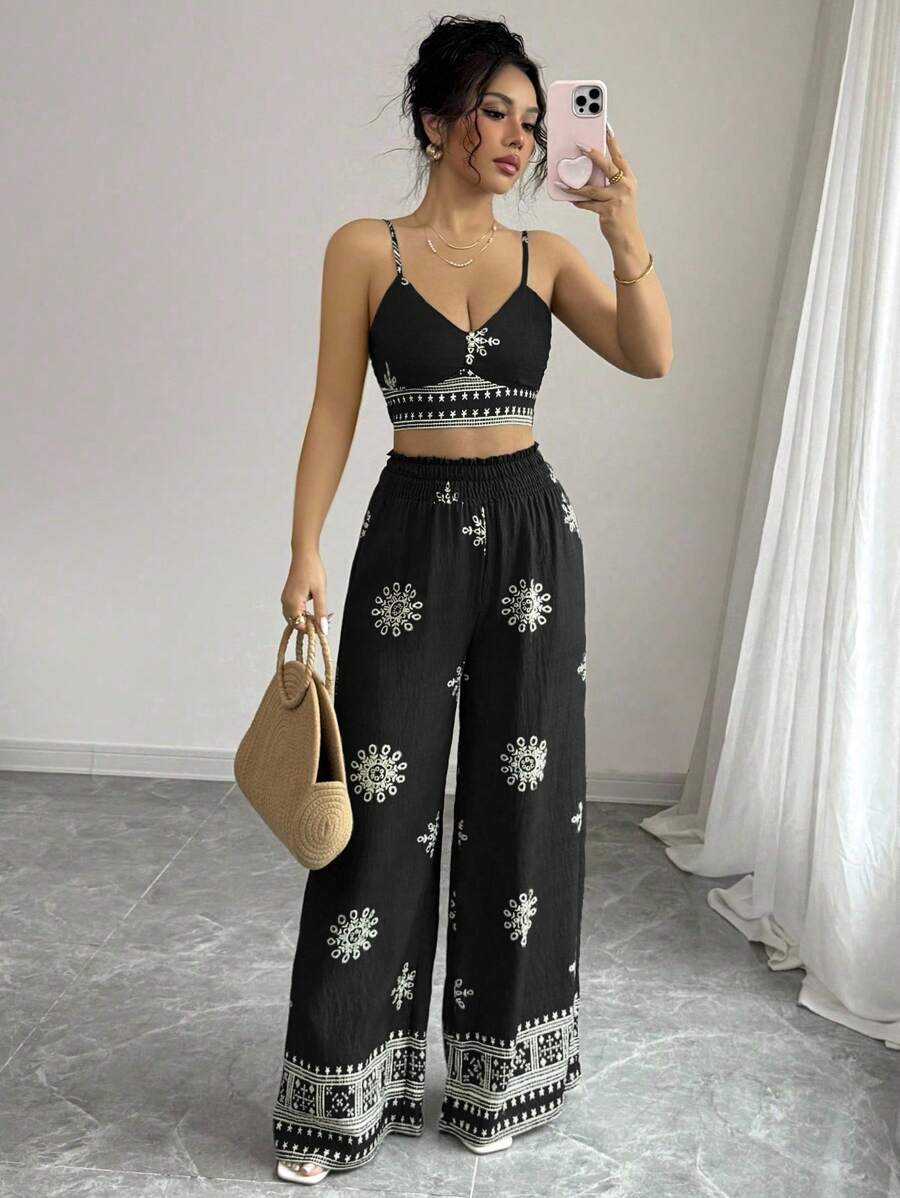 Selianne Bộ 2 món áo crop top hở lưng in họa tiết màu xanh lá cây và quần dài phong cách nghỉ dưỡng giản dị cho nữ - màu đen - Xem 1