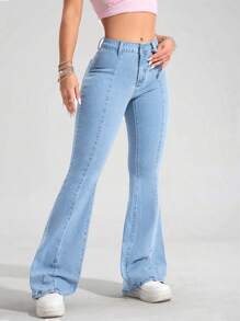 SHEIN PETITE Women's Casual Washed Fitted Flared Leg Jeans - Light Wash - View 3