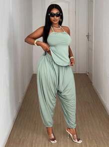 Maweii Summer Casual Sexy Backless Halter Top & Pants 2 Pieces Set, Plus Size Vacation Outfit - Green - View 7