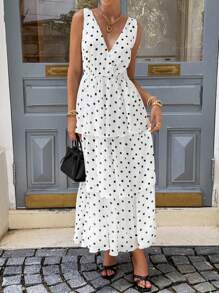 Siren Gaze Quần áo nữ mùa thu - Váy suông cổ yếm xếp nếp họa tiết chấm bi thanh lịch cho nữ, phong cách mới 2025! Đầm midi mùa hè phong cách Old Money chấm bi đen trắng, thiết kế xếp tầng, hoàn hảo cho hẹn hò, trà chiều, mặc hàng ngày, đi làm và đi chơi. Những món đồ thiết yếu mùa thu cho quý cô sành điệu - trắng - Xem 3