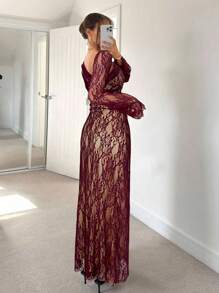 Siren Gaze 女式黑色网眼修身连衣裙，露肩，腰部收褶，A 字下摆，度假连衣裙，法式背心裙，黑色长袖连衣裙 - 酒紅色 - 查看 2