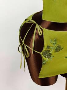 Amplova 2件套亮片花卉刺绣深V露背露背短款上衣和前开叉裹身裙 - 綠色 - 查看 4