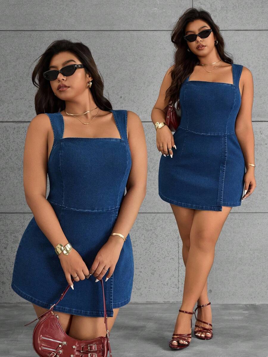 SHEIN ICON Plus Size Solid Square Neck Sleeveless Elasticized Waist Denim Cami Dress, Fashionable For Summer - Blue - View 1