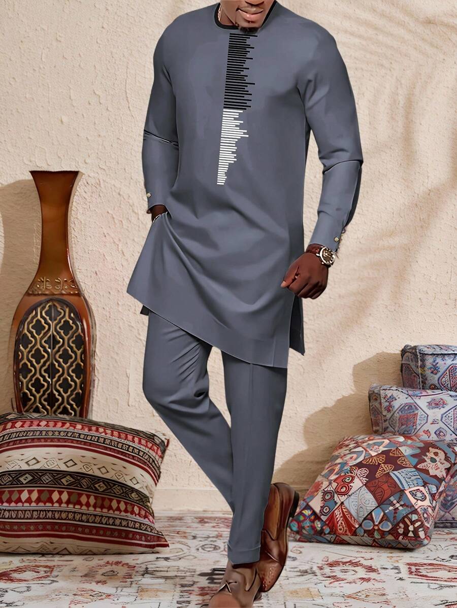 Manfinity Homme Set da uomo composto da camicia a maniche lunghe con scollo rotondo a righe e pantaloni, con dettaglio di spacco laterale