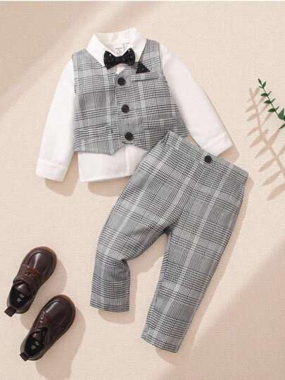 Souflis Souflis 2 件套男婴绅士风格格子背心和裤子套装，适合生日派对、婚礼、节日活动的正式服装