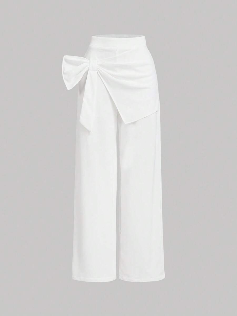 SHEIN MOD 卡其色3D大蝴蝶结和裙贴长裤，秋装，衣服，不对称裤 - 白色 - 查看 1