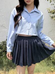 SHEIN 少女蓝色条纹百褶裙和百搭衬衫两件套校服套装 - 藍色 - 查看 6