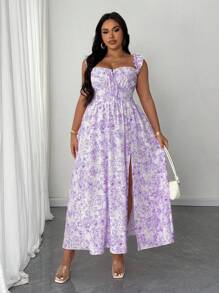 Maweii Plus Size Floral Printed Long Dress With Ruffle Hem And Side Slit, Summer Women Apparel