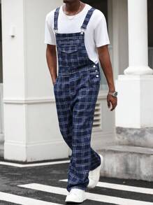 Manfinity Homme Men's Plaid Denim Bib & Brace Overalls, High-Quality Korean Style With Pockets, Straight Leg