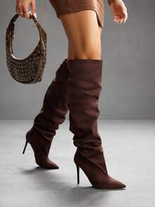 CUCCOO SZL Rhinestone Pointed Toe Ruched Over-The-Knee High Heeled Boots, Fashion Date Night Party Outfit For Christmas - Mocha Brown - View 1