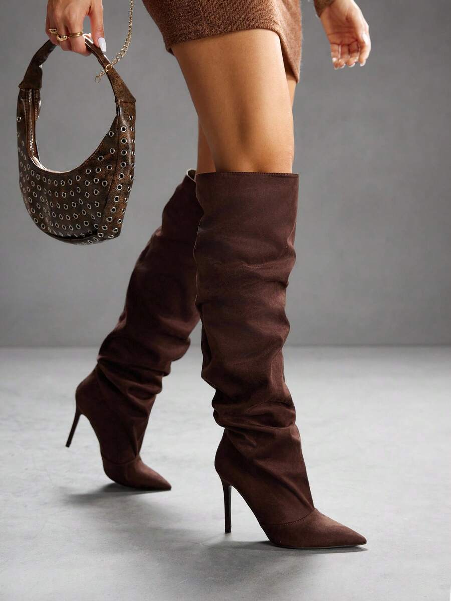 CUCCOO SZL Rhinestone Pointed Toe Ruched Over-The-Knee High Heeled Boots, Fashion Date Night Party Outfit For Christmas - Mocha Brown - View 1