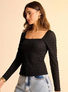 CAJUNI Camiseta corta de manga larga, cuello cuadrado, ajustada, de punto texturizado negro para mujer - Negro - Ver 7