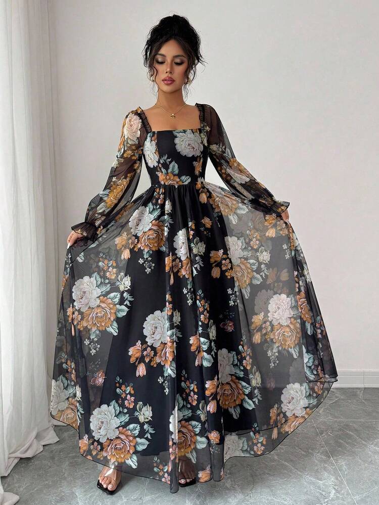 Modelyn Square Neck Lantern Sleeve Cinched Waist Midi Dress With Flared  Bottom, Mesh Floral Print, Romantic & Elegant, Suitable For Vacation,  Wedding, Party | SHEIN USA