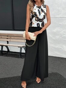 SHEIN Clasi 女圆领百褶无袖宽松黑白几何图案印花直筒裤阔腿裤优雅日常街头春夏女装两件套