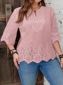 EMERY ROSE Blouse ample en couleur unie brodée et ajourée, style décontracté pour l'été