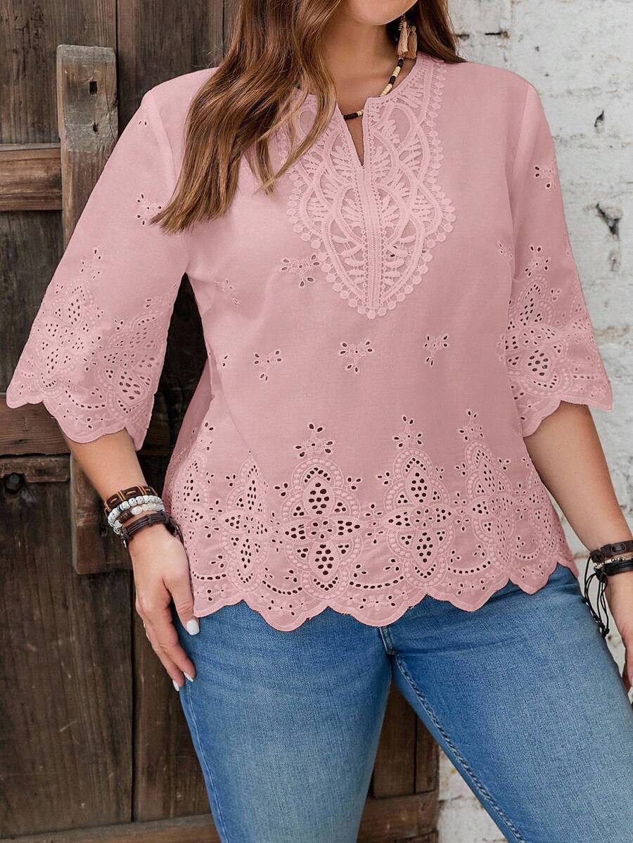 EMERY ROSE Blouse ample en couleur unie brodée et ajourée, style décontracté pour l'été