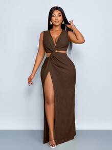SOLERSUN Váy dài gợi cảm mùa xuân và mùa hè vải kết cấu màu trơn cỡ lớn cho nữ, eo khoét sâu, xẻ cao, kỳ nghỉ ở bãi biển - Cà phê nâu - Xem 6
