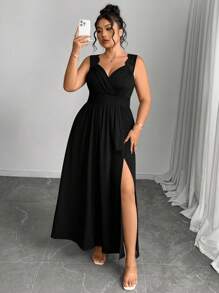 Elenzga 加大码 V 领撞色蕾丝吊带背心连衣裙，修身罗纹开衩喇叭裙 - 黑色 - 查看 8